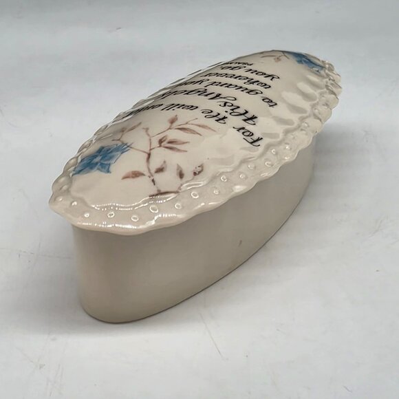 Ceramic Trinket Box With Religious Quote Blue Floral Design Oval Shape 5.5" - Picture 4 of 7